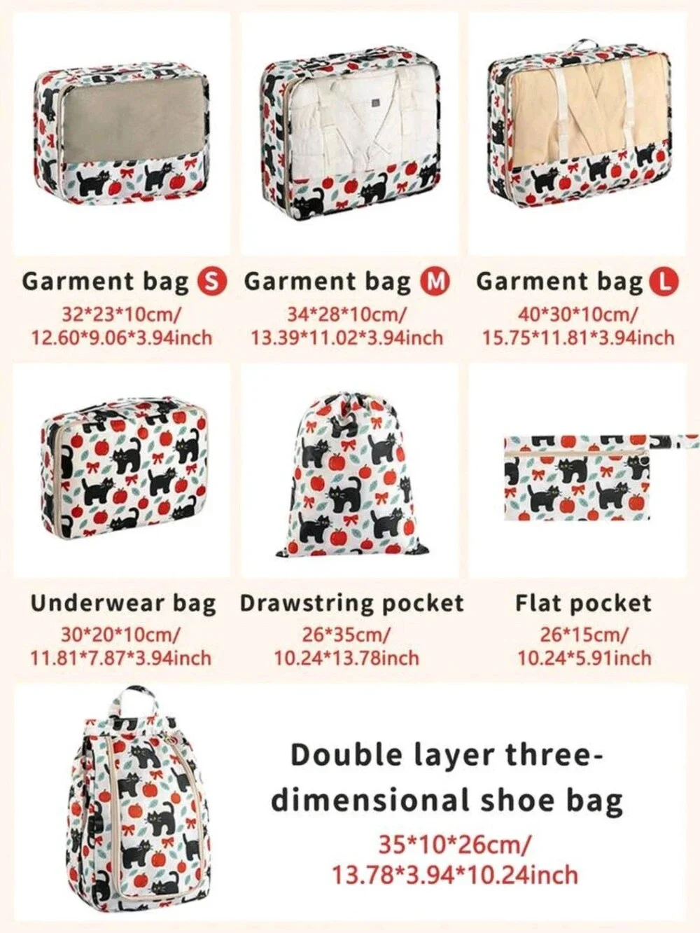Cat & Apple Packing Cube Set - White with Black and Red Print